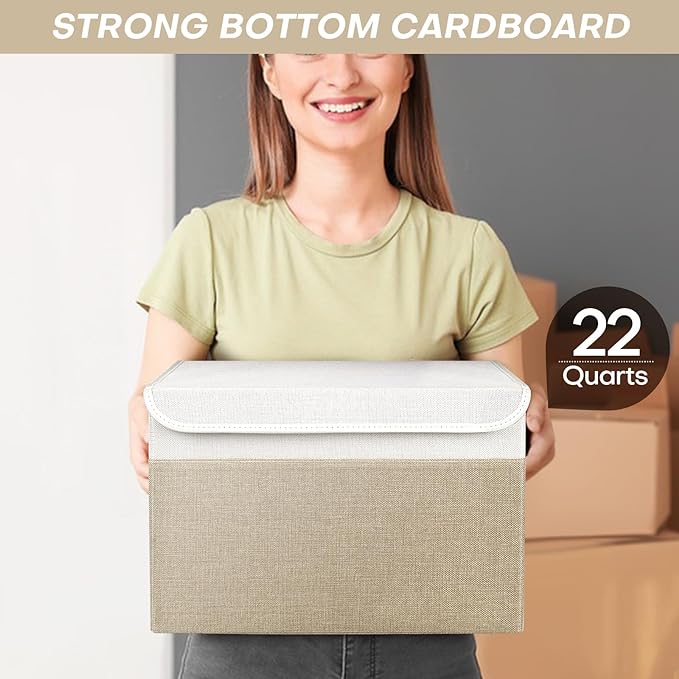 Bagnizer Large 22 Quart Linen Fabric Foldable Storage Bin Cube Organizer Basket with Flip-Top Lid & Handles, Clothes Blanket Box for Home, Office, Closet, Beige & White, 4 Pack 14.6 x 9.5 x 9.5”