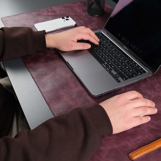 TORONATA Jersey Genuine Calfskin Leather Desk Pad, Office Desk Mat with Non-Slip Bottom, Smooth Surface for Mouse & Keyboard, Desk Protector (14.6x31.5 inches) (Purple)