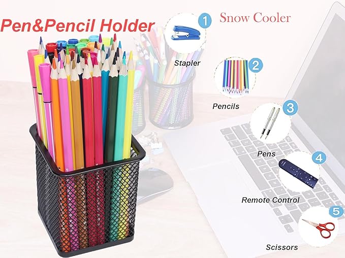 SNOW COOLER Pen Holder Pencil Holder Metal Pen Holder Cup Pencil Holder for Desk Office Pen Pencil Organizer for Desk Black, Square 4 Pack