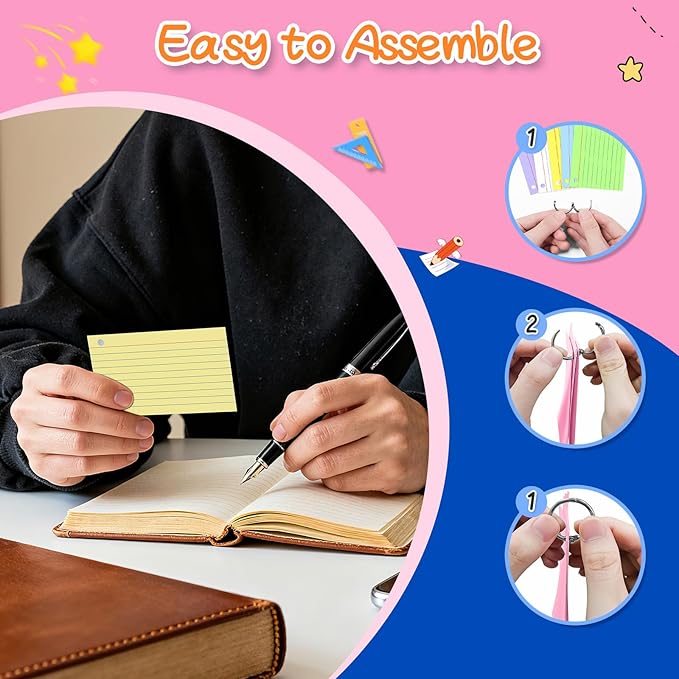 250 Count Colored Index Cards 3 x 5 Inch, Lined Flash Cards with Key Ring, Ruled Note Cards for Office Use, Portable Note Taking Study Flashcards for Home and School