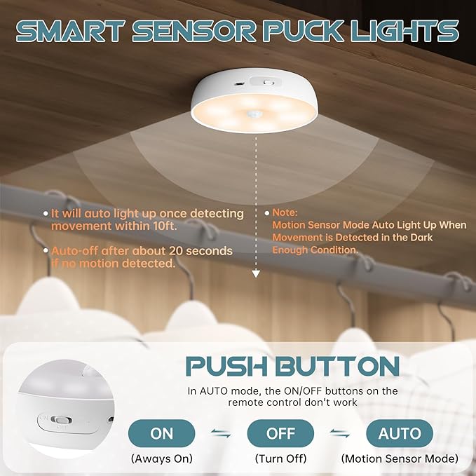 Motion Sensor Puck Step Lights with Charging Station, 3 Colors USB Rechargeable LED Closet Light, Dimmable Under Cabinet Lighting, Stick-on Lights (4 Pack)