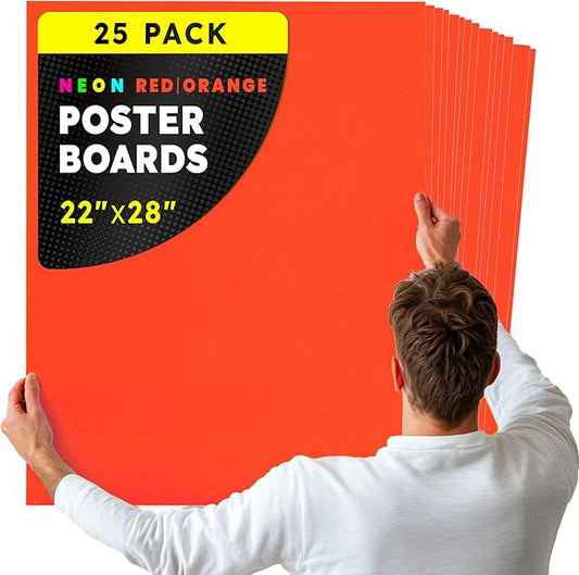 Hygloss Large Poster Board 22x28 - 25 Neon Red-Orange Single Color Poster Boards Bulk Pack - 10 Pt. Thickness Colored Poster Board Paper for Projects, Signs, Displays - Posterboard Multipack 22" x 28"