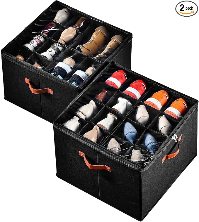 INSTY 2 Pack Shoe Organizer for Closet, Fits up to 32 Pairs, Adjustable Dividers for Shoe Storage, Space-Saving Shoe Bins and Clear Top, Black
