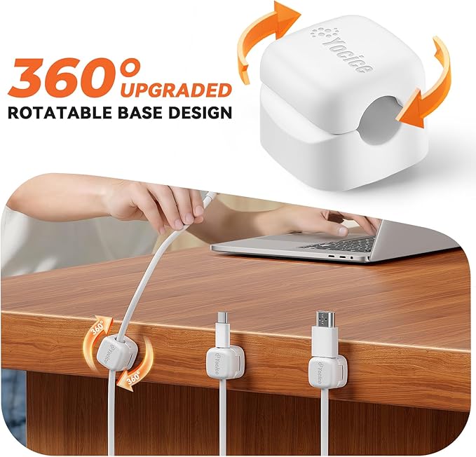 Yocice 12Pack Rotatable Cord Organizer,Spring Cable Clips Desk Cable Management Cord Holder Adhesive Phone Charger Cord Clips for Home Office Car Wall Nightstand Accessories, White