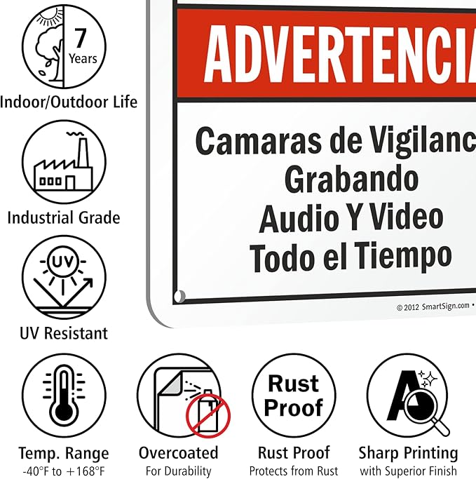 SmartSign 10 x 7 inch “Warning - Audio & Video Surveillance On Duty At All Times” Bilingual Sign, Digitally Printed, 55 mil HDPE Plastic, Red, Black and White, Made in USA