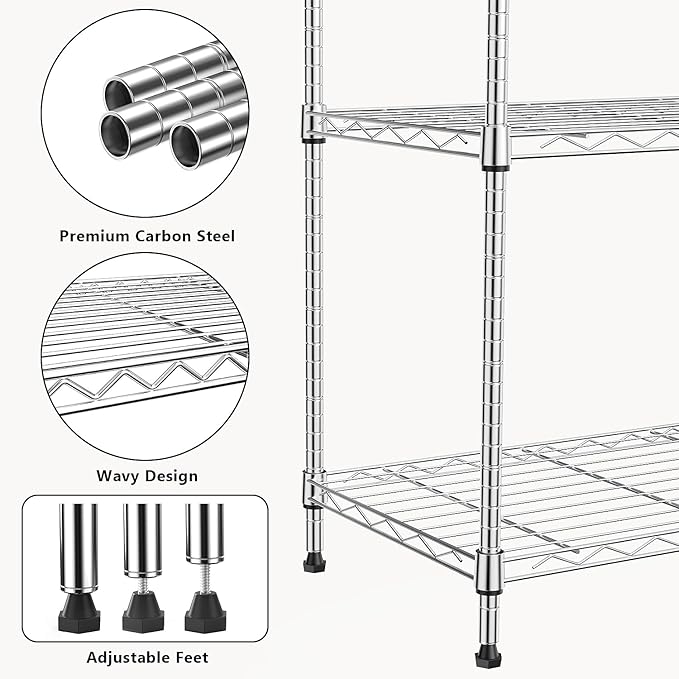 M MZG 1000 lbs 4Tier Shelf Metal Storage Shelves Wire Rack Closet Organizers with Wheel for Garage Kitchen Bathroom Laundry Chrome 13.7" D x 29.5" W x 47.2" H