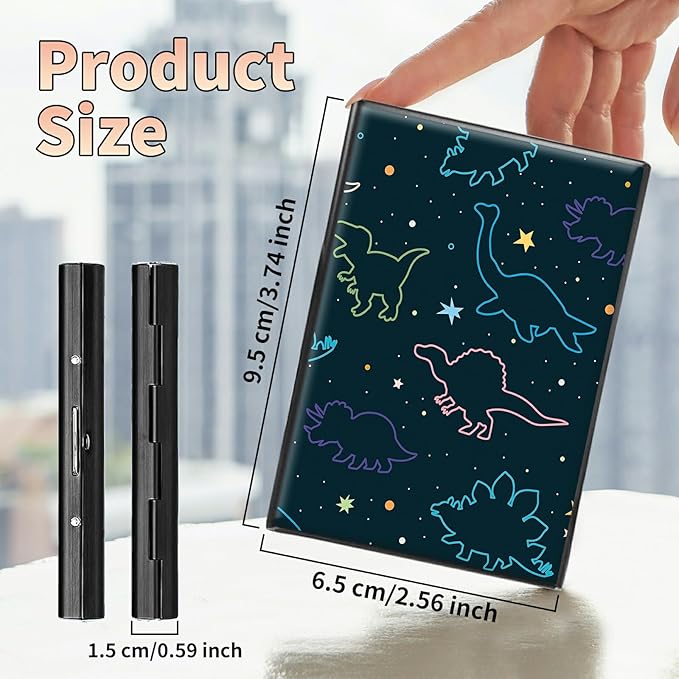 BWEGRHE Slim Credit Card Holder, Fun Dinosaurs RFID Blocking Metal Wallet for Men & Women, Aluminum Minimalist Hard Case Pocket-Sized Business Cards Organizer (Fits Up to 10 Cards)