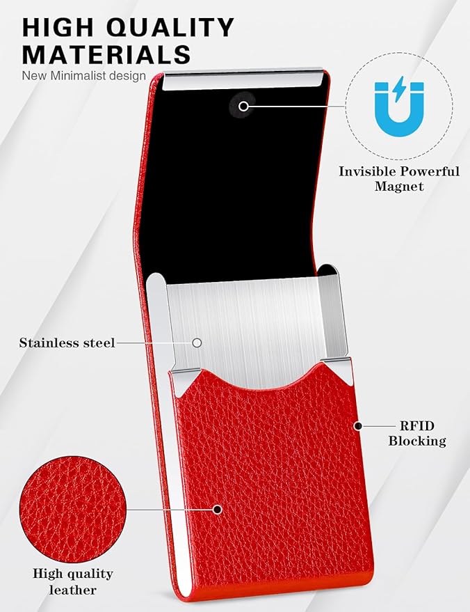 Padike Leather Business Card Holder for Women Leather Stainless Steel Business Card Case with Magnetic Shut (Red)