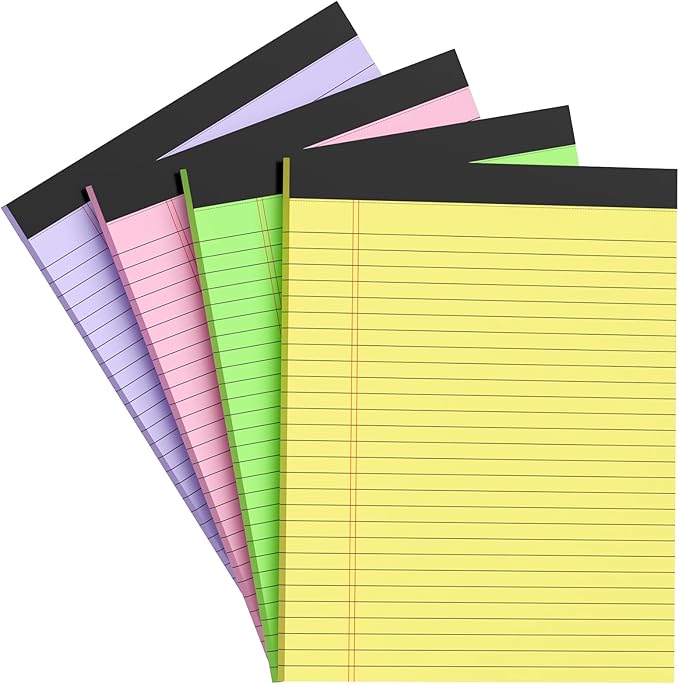 AILZFEI Colored Legal Pads 8.5 x 11 Note Pads, Wide Ruled Sturdy Back Writing Pads 30 Sheets/Pad, 20lb Colored Paper, Perforated Notepad with Sturdy Back (4 Pads)