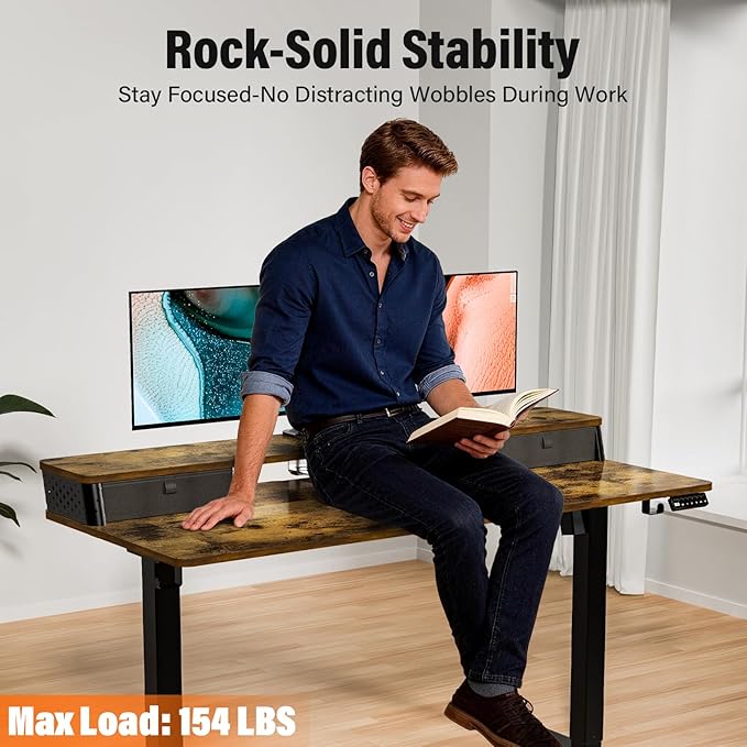 Kingant 55 x 24 Inch Electric Standing Desk with Dual Drawers, Height Adjustable Sit to Stand Computer Desk with Storage Shelf and C-Clamp Mount Compatibility for Home Office, Rustic Brown