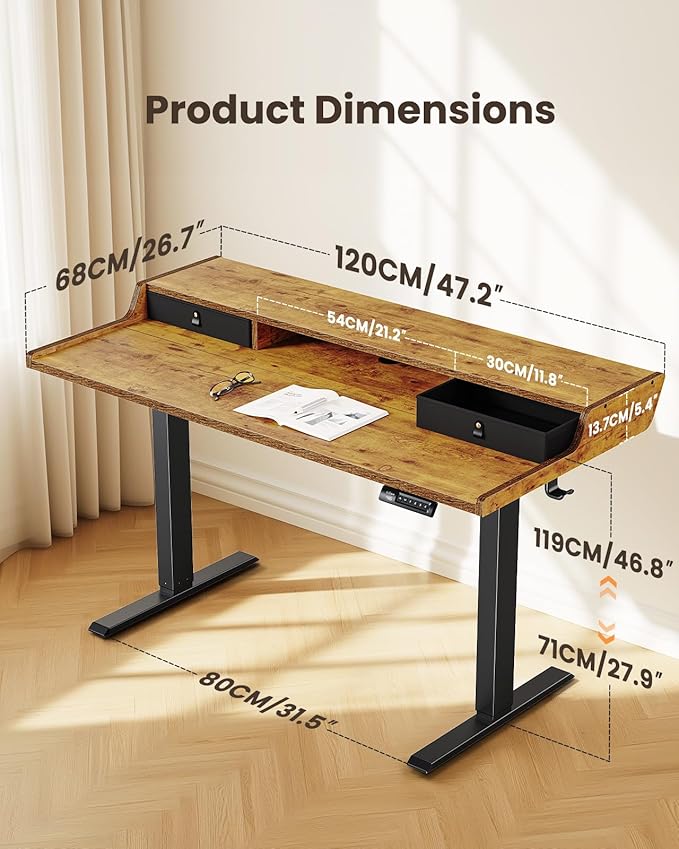 ErGear Electric Standing Desk with Drawers, 48″ x 24″ Gaming Table Compatible Monitor Stand, Stand up Desks, Home Office Height-Adjustable Desk with Storage Shelf, 4 Preset Heights, Vintage Brown