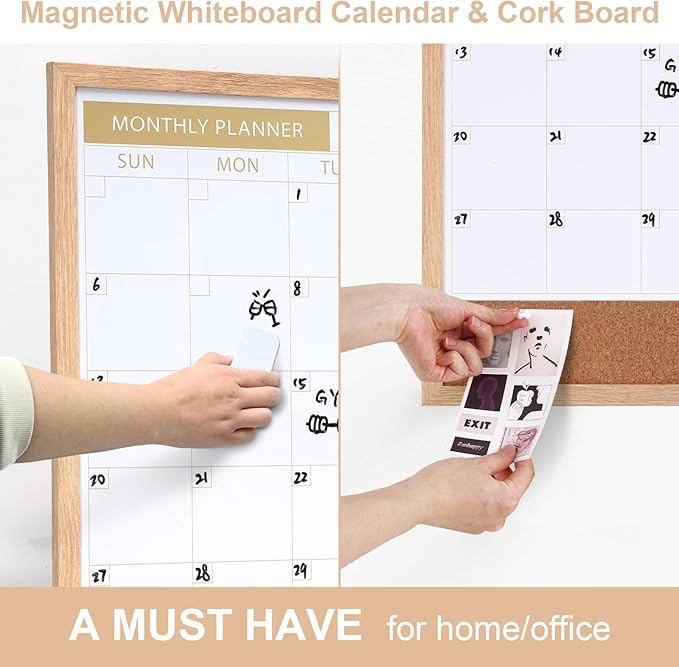 ARCOBIS Calendar Whiteboard with Cork Board, 36"x24" Wood Frame Dry Erase Calendar for Wall, Magnetic Monthly Combination Board for Home, Office, School, Kitchen, Beige