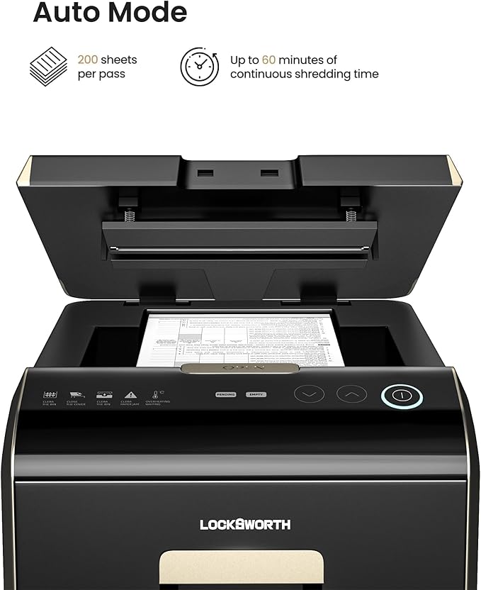Locksworth 200-Sheet P-5 Micro-Cut Heavy-Duty Paper Shredder, 60-Min Continuous Run, 8.5-Gal Bin, Auto Jam-Proof, Home Office, High-Security
