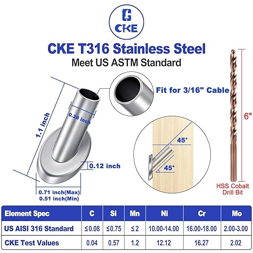 [Patent Design] CKE 40 Pack 45 Degree T316 Marine Grade Stainless Steel Angle Beveled Protector Sleeves Wood Post Protector for 1/8", 5/32", 3/16" Wire Rope Cable Railing, Come with a Free Drill Bit