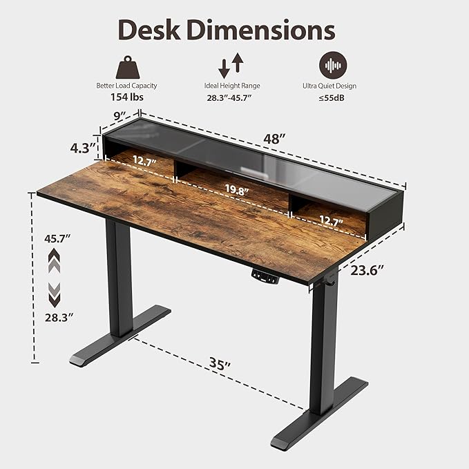 Agilestic Glass Standing Desk with Storage, 48 Inch Electric Adjustable Desk with Glass Shelf, Sit Stand Up Home Office Computer Table, Splice Board, Rustic Brown