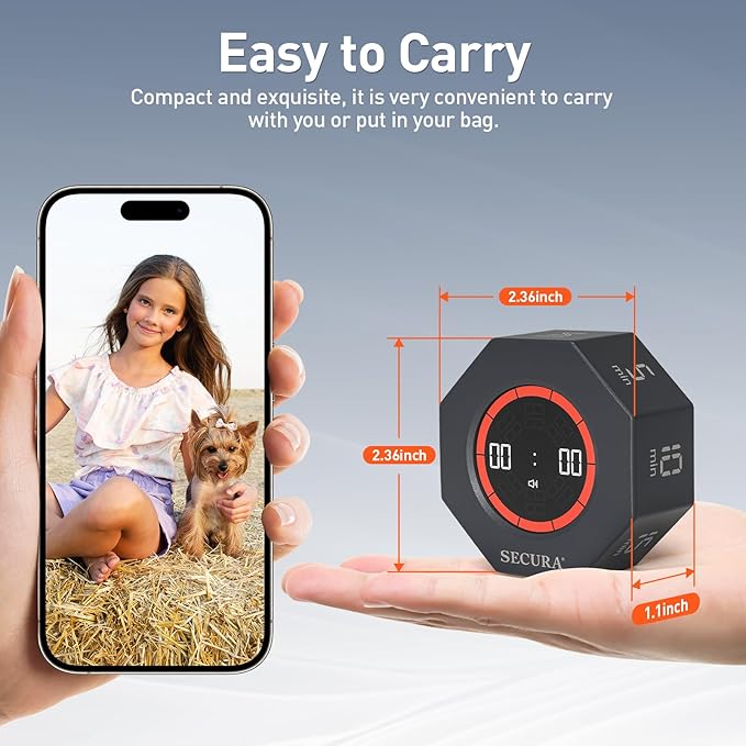 Secura Pomodoro Timer, Rotating Cube Time Tracker, Flip Gravity Sensor with 7 Presets(5/10/15/20/25/50/90 Minutes), Visual Progress Bar for ADHD, Kids, Tasks, Work, Study (Dark Gray)