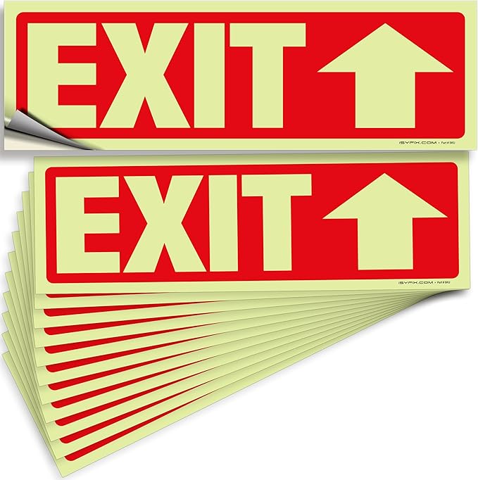 iSYFIX Exit Stickers Signs with Directional Up Arrow 12 Pack 12x4 Inch - Glow in the Dark Photoluminescent Vinyl for Office, School, Business, Warehouse - UV & Weather Resistant for Indoor/Outdoor Use