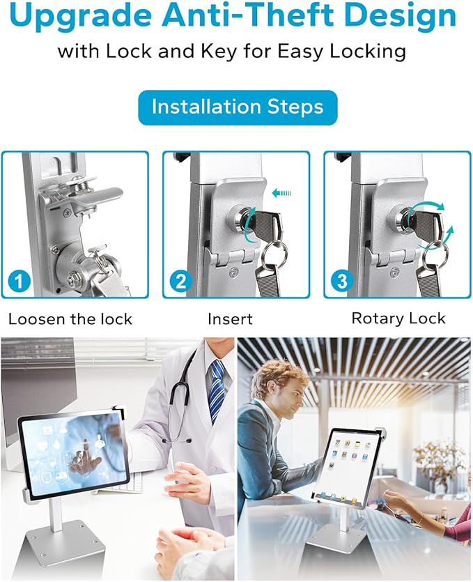 GDZN Anti-Theft Tablet Kiosk Stand with Lock, [Aluminum Arm] Desk Security POS Tablet Stand for Retail/Commercial/Trade Show, Heavy Duty Adjustable iPad Mount for iPad Pro, Galaxy tab, 9-14" Devices