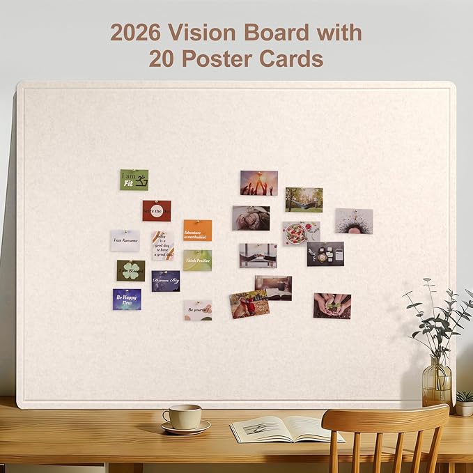 Large Vision Board 48x36, Thicken Felt Pin Board for Living Room or Home Office, Ideal for Family Goals, Photos, Notes with 20 Pushpins and 20 Postcards, Oatmeal