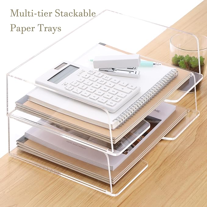 HeZone Acrylic Paper Tray Desk Organizers and Office Suplies Document Storage Enlarged Letter Tray Clear Paper Organizer (Large Horizontal)…