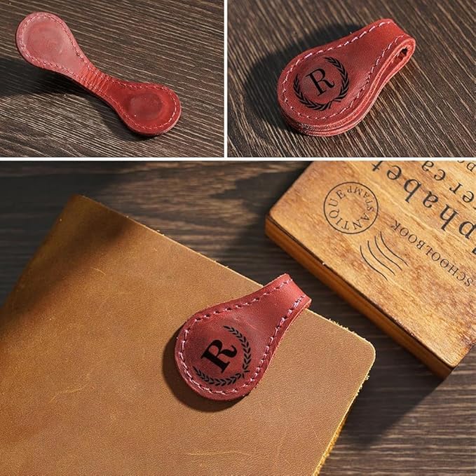 Personalized Magnetic Leather Bookmark, 26 Letters Custom Leather Bookmarks, Handmade, Leather Magnetic Bookmark for Book Lovers Readers Women Kid(Red，A）