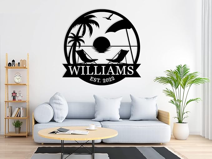 Personalized Palm Trees Family Name Sign, Custom Metal Palm Tree Sign, Custom Sunset Beach Metal Sign, Beach House Decor, Coastal Décor