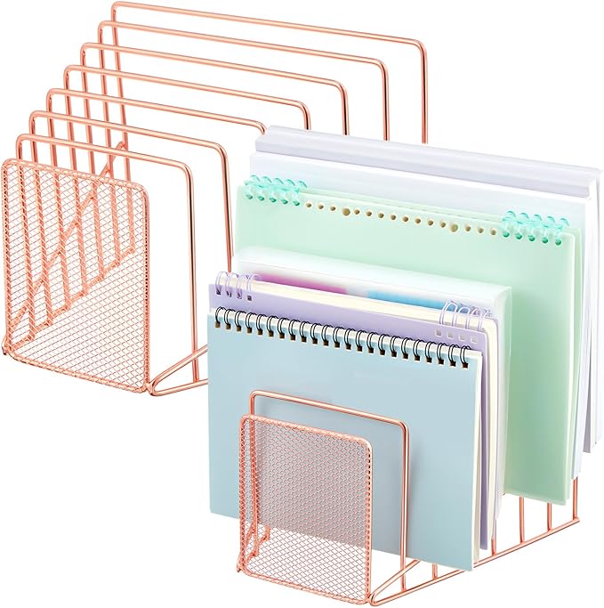 2 Pcs 7 Section Incline File Sorter Metal Wire Mesh File Rack for Desktop Letter Sorter for Magazine Folder Book Organizer Home Office School Paper Mail Desk Storage Holder (Rose Gold)