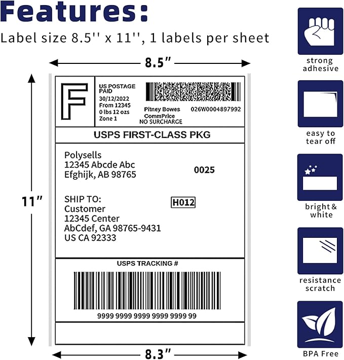 POLYSELLS Self Adhesive Address Shipping Labels, White Sticker FBA Labels (100 Sheets, 8.5" x 11" (1UP, Full Sheet))