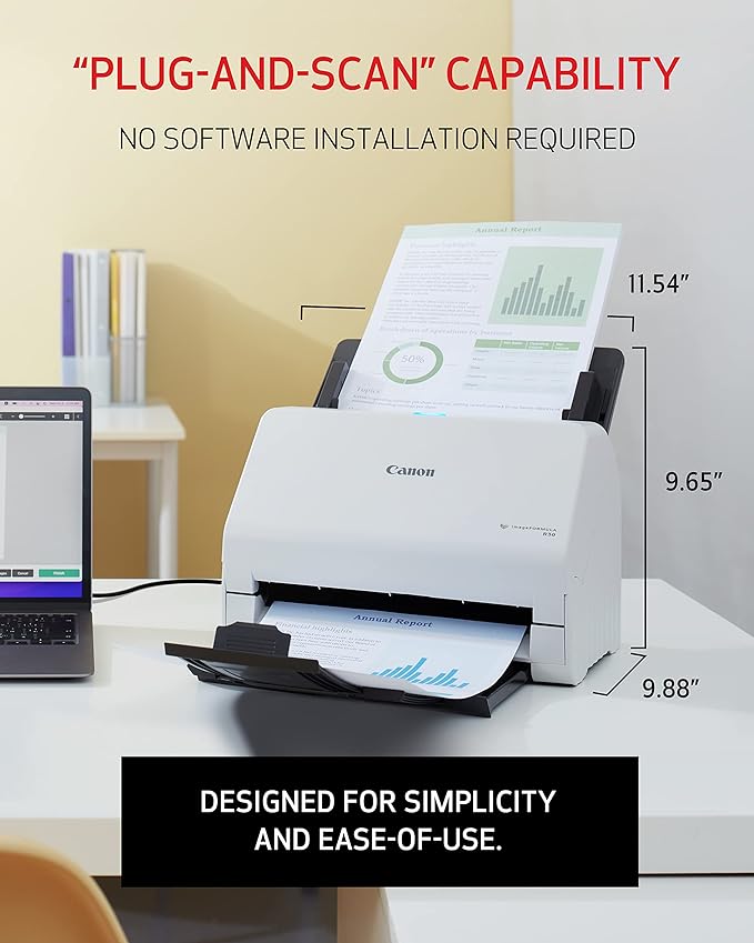 Canon imageFORMULA R30 - Office Document Scanner, Auto Document Feeder, Duplex Scanning, Plug-and-Scan Capability, No Software Installation Required