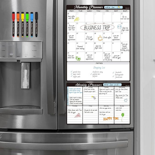 Magnetic Dry Erase Monthly Calendar Set - 15.5"x13" Monthly and 8.5"x13" Weekly Calendar for Fridge - 6 Extra Fine Point Markers Included - Shipped Flat