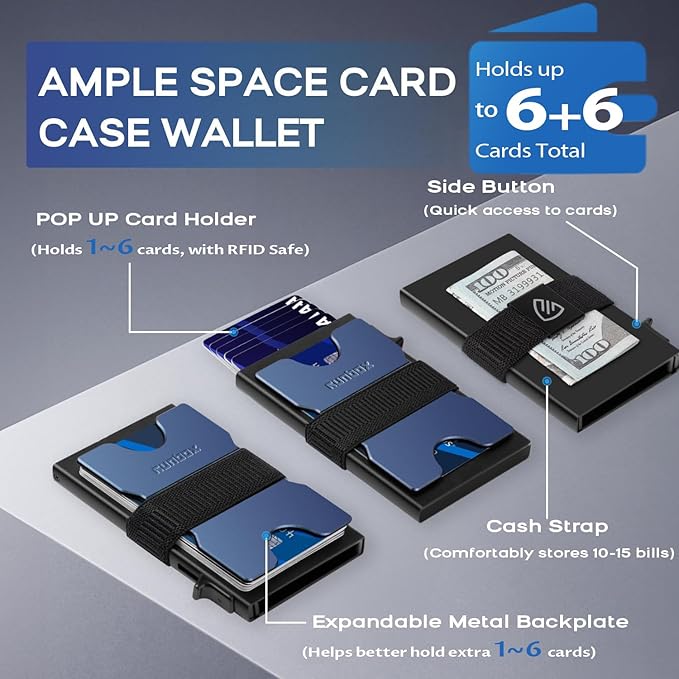 RUNBOX Slim Card Holder Wallet for Men, Minimalist RFID Blocking Wallet with Pop-Up Function, Ultra-Thin Design, Metal Business Card Cases holds 6+6 Cards, Gifts for Men, Men's Accessories