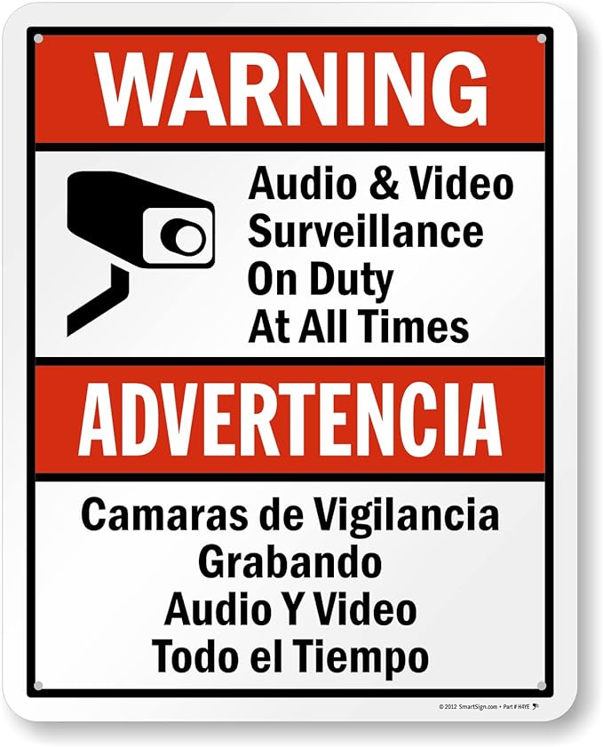 SmartSign 30 x 24 inch “Warning - Audio & Video Surveillance On Duty At All Times” Bilingual Sign, 80 mil Laminated Rustproof Aluminum, Red, Black and White, Made in USA