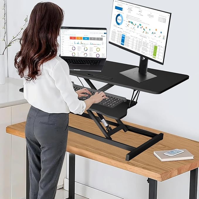 37 Inch Standing Desk Converter - Manual Pneumatic Spring, Two Monitor Stable Standing Desk Converter, 5.9" to 18.8" Height Adjustable Laptop Workstation with Keyboard Tray for Home, Company(Black)