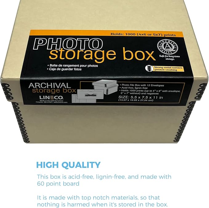 Lineco 4x6 Photo Storage Box, with 12 Acid-Free Envelopes, Holds Up to 1000 3.5" x 5", or 4" x 6" Pictures, Metal Edge Archival Organizer for Cards Stickers Stamps Seeds, 5.5x7.5x11. Tan
