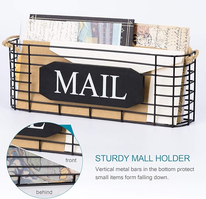 SRIWATANA Rustic Mail Key Holder, Mail Organizer Wall Mount with 5 Hooks Large, Black
