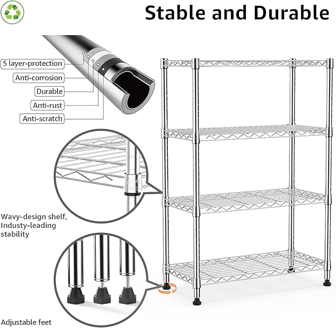 M MZG 1000 lbs Storage Shelving Steel Heavy Duty 4-Tier Utility Shelving Unit Steel Organizer Wire Rack for Home,Kitchen,Office,Chrome (13.7" D x 29.5" W x 47.2" H)