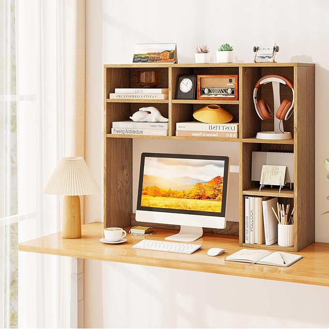 Tangkula Desktop Bookshelf, 37" Countertop Storage Hutch with 7 Cubes & 3 Adjustable Shelves, 3-Tier Desk Display Rack Organizer, Multipurpose Wood Desktop Hutch for Dorm Home Office (Natural)