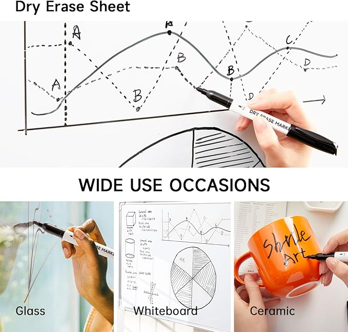 Lineon 100 Bulk Pack Black Whiteboard Markers with 3 Erasers, Fine Point Dry Erase Markers Perfect For Writing on Dry-Erase Boards, Glass for School Office Home
