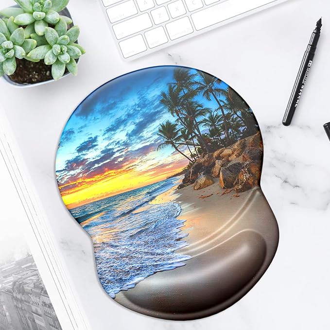 ITNRSIIET Ergonomic Mouse Pad with Gel Wrist Support Small Wrist Rest Smooth Surface Non-Slip PU Base Comfortable Office Supplies Pain Relief, 8.7 x 7.2 inches, Beach