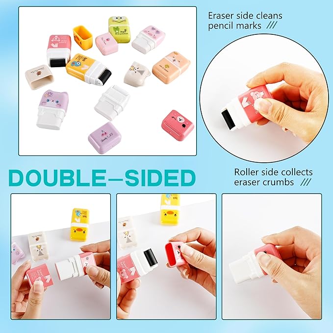 48 Pcs Cute Erasers for Kids Fun Animal Erasers Pencil Eraser with Clean up Roller Bulk Gift for Student School Office, 16 Styles