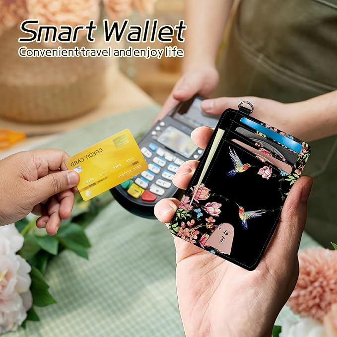 BWEGRHE Small Travel Wallets, Hummingbird Floral Sakura Slim Minimalist Front Pocket Wallet with Wristlet, RFID Blocking PU Leather Credit Card Holder with ID Window Change Purse for Men Women