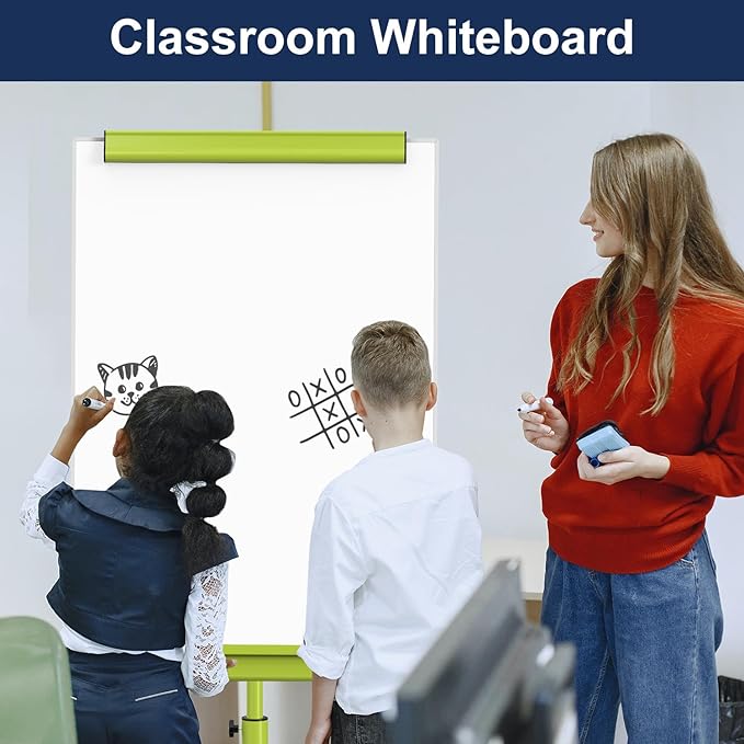 TSJ OFFICE Rolling Whiteboard Standing - 40 x 26 Inches Magnetic Mobile White Board with Stand, Height Adjustable Dry Erase Board on Wheels with Paper Clamp on Top, Green