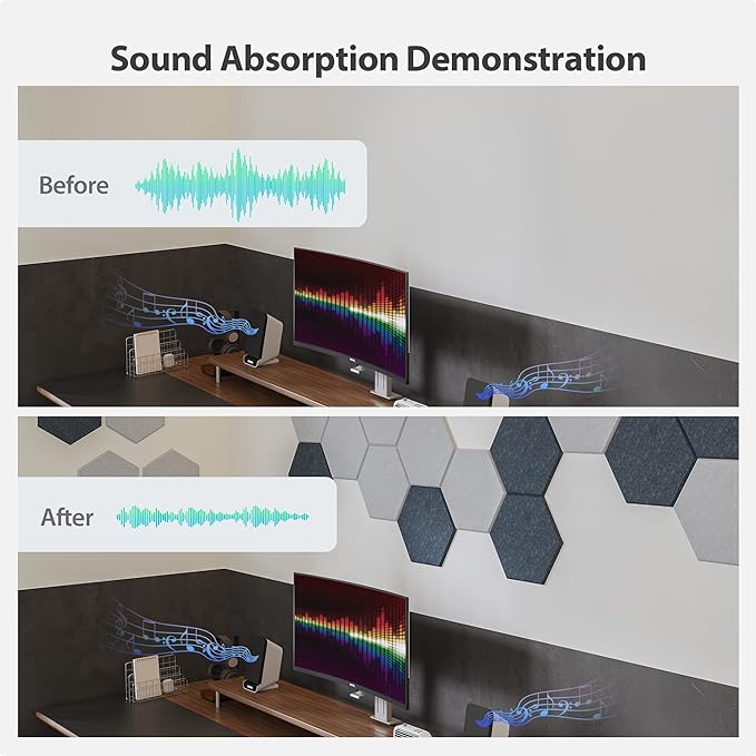 Amantech 12 Pack Acoustic Panels Self Adhesive Sound Proof Foam, High Density Sound Acoustic Foam Panel, 12X10.23X0.4 Inch Hexagon Wall Panels in Home,Office,Reccording Room,Studio(Moonlight Grey)