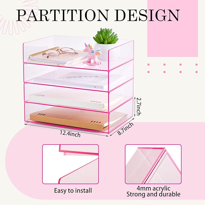 Harloon 4 Tier Acrylic Paper Tray 12.4 x 8.7 x 2.7 Inches Stackable Letter Clear Organizer No Need to Assemble Acrylic Paper Organizer File Tray for Office Workspace Desktop Storage(Transparent Pink)