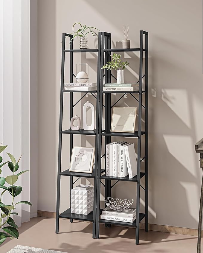 Hzuaneri Ladder Shelf, Bookshelf Bookcase, Freestanding Corner Storage Shelve with 2 Hooks for Home Office, Living Room, Kitchen, Bedroom, Industrial, 11.8" D x 13.4" W x 63" H, Black BC03204B