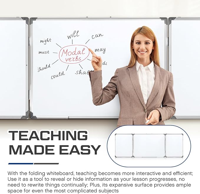 72" x 24" Foldable Whiteboard Dry Erase Board Large Tri Folding Whiteboard Magnetic Dry Erase Board, Wall Aluminium Frame and Flip Out Pen Tray for Office, Home