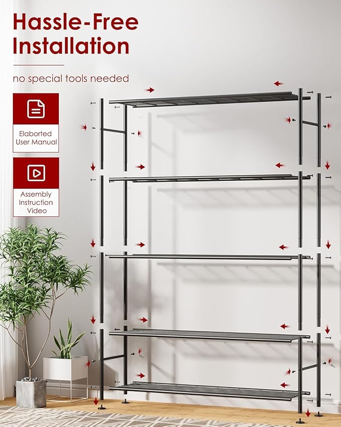 Sakugi Storage Shelves - 5 Tier Shelf Organizer, Heavy Duty Garage Shelving Unit with Leveling Feet, Stable Metal Shelves Organizer for Pantry, Kitchen and Closet, 47.3" W x 12.6" D x 60.8" H, Black
