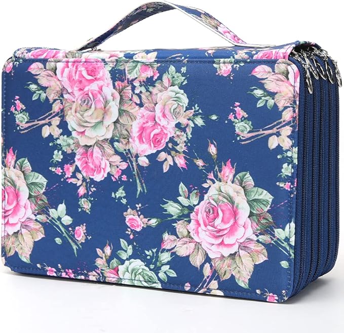 Vomgomfom Colored Pencil Case - 252 Slot Pencil Holder with Zipper Closure, Twill Fabric Large Capacity Pencil Case for Watercolor Pens or Markers, Artist Organizer (Blue Rose)