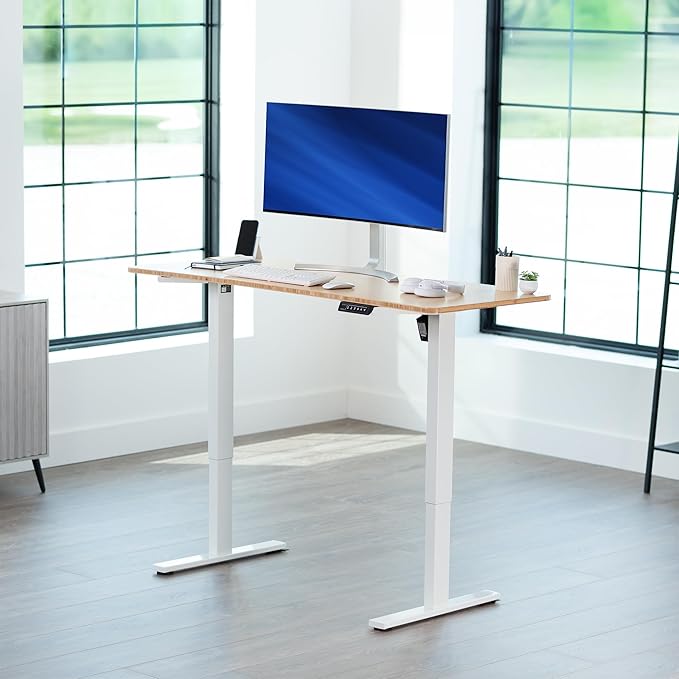VIVO Electric 60 x 24 in Real Bamboo Standing Desk, Memory Height Adjustment, 1B Series, Holds 220 lbs, One-Piece Top, White Frame, DESK-KIT-1W6O