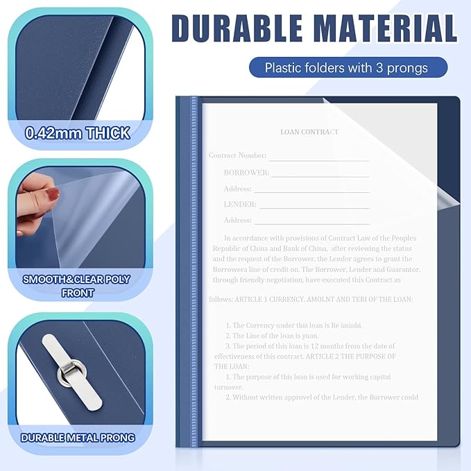 Teling 100 Pcs Plastic Report Covers with 3 Prong Fasteners 11.42 x 9.45 Inch Clear Front Report Covers Bulk Presentation Folders for School Document(Navy Blue)